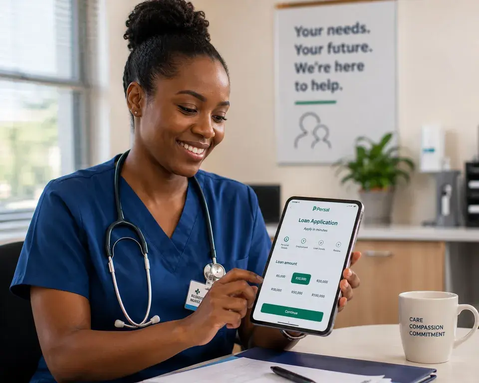 A nurse in a clinic office starting a Persal loan application on a tablet